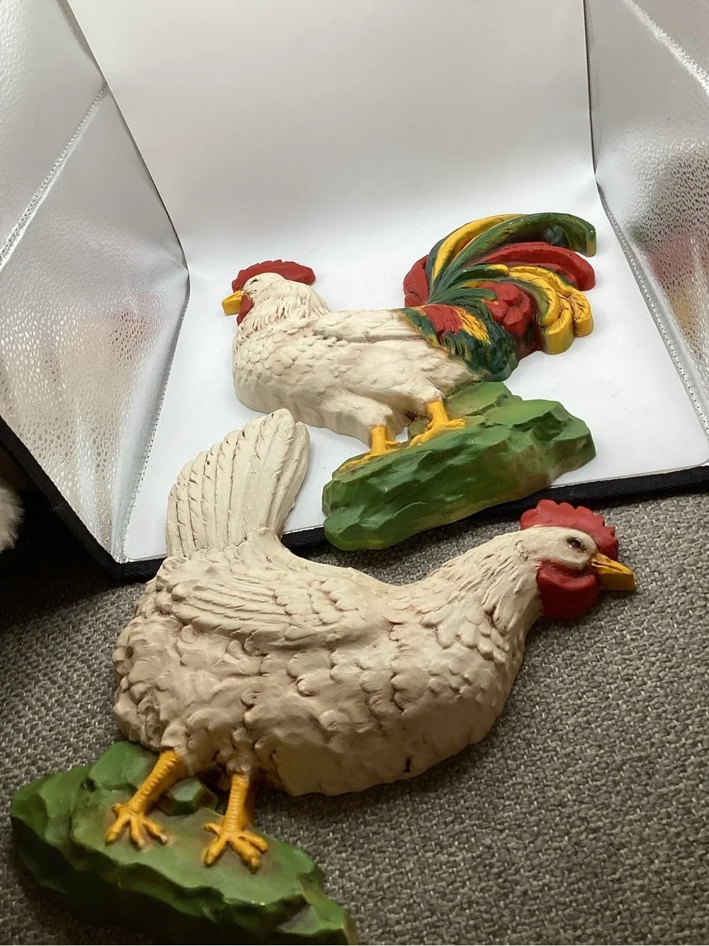 vintage 1970s Homco rooster and hen wall plaques resin